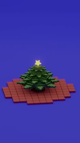 A VERTICAL 3D voxel-style Christmas tree with a glowing star on top, Medium shot to the start on top with a blue background.