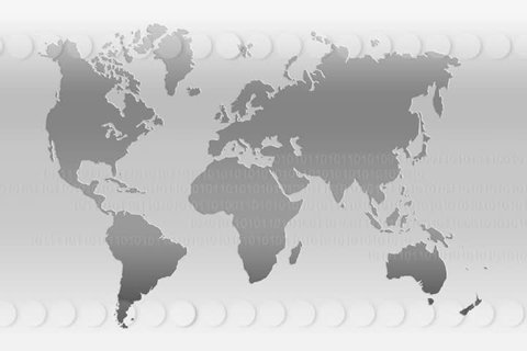 World map in gray - world map with animated circles and binary numbers
