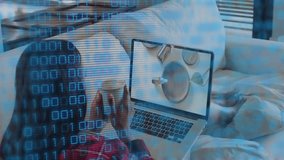 Binary code animation over person watching cooking video on laptop. Technology, digital, virtual, coding, streaming, tutorial - Powered by Shutterstock - Get 15% off with code: PIKWIZARD15