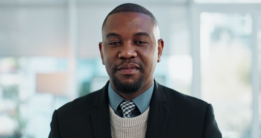 Portrait, business and happy black man in office for corporate job or opportunity. Face, laughing and professional entrepreneur in suit, employee and investment broker with expert experience in Kenya