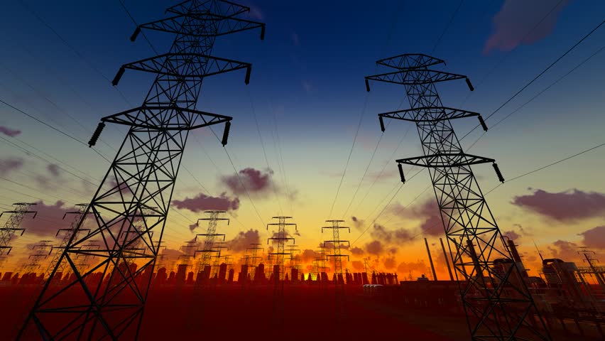 Electricity tower and substation time-lapse at sunset