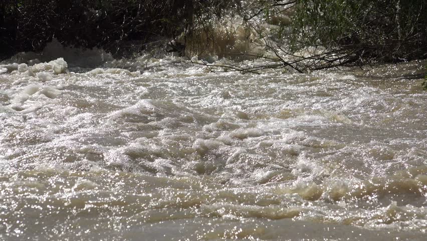 Inundation, Natural Calamity, Disaster, River in Mountains, Muddy Stream after Stormy Raining, Creek in Torrential Rain, Global Warming