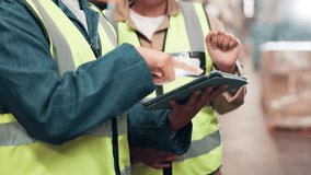 People, tablet or hands planning in warehouse for logistics to check safety, manufacturing or order. Inventory, teamwork or closeup on touchscreen app for supply chain, inspection or stock in factory - Powered by Shutterstock - Get 15% off with code: PIKWIZARD15