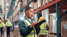 Counting, stock or storage and woman with tablet in warehouse for commercial shipping or distribution. Delivery, ecommerce and inspection with employee in supply chain facility for online logistics - Powered by Shutterstock - Get 15% off with code: PIKWIZARD15