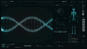 High tech bio analysis software interface is examining genes of the patients. Bio analysis interface is scanning through the human DNA Strand. Bio analysis interface studies the human genome. UI. - Powered by Shutterstock - Get 15% off with code: PIKWIZARD15