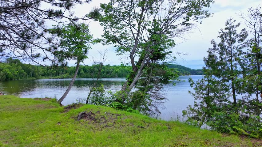 Paudash Lake calm water and pine trees in the area of Bancroft, Kawartha Highlands and Cardiff, Ontario, Canada. Big lake landscape and nature background. Travel destination.