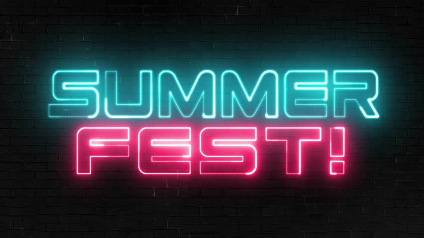 Summer Fest neon sign. Summer Fest text font with neon light. Luminous and shimmering haze inside the letters of the text Summer Fest. 