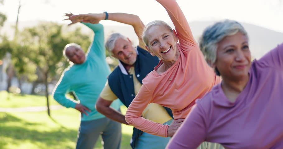 Elderly, stretching arms or friends in park for fitness or body mobility in outdoor workout together. Group, start or senior people in warm up for training, exercise or retirement community in nature