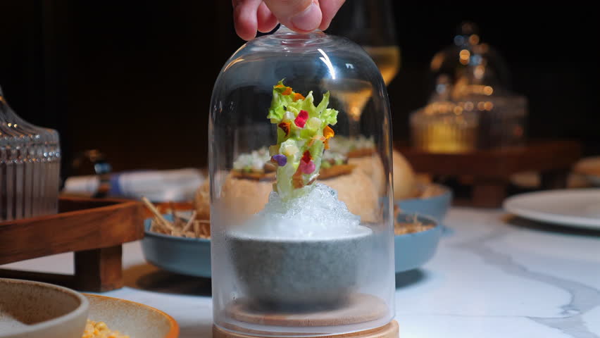 Chef presents gourmet dining experience with beautifully plated dish, featuring fresh salad and glass of white wine in elegant restaurant setting. Fine Dining and Culinary Artistry