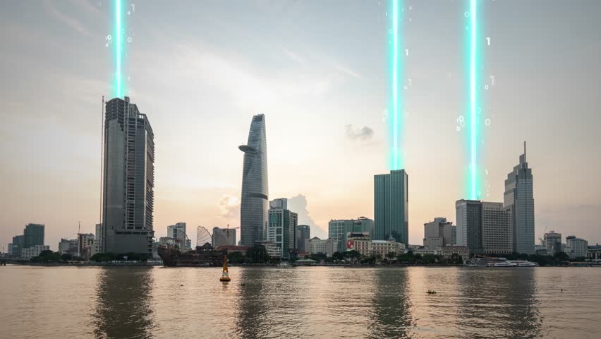 Time lapse day to night of smart city modern skyline cityscape with animation of fast internet connection high speed with binary code in co working space and office