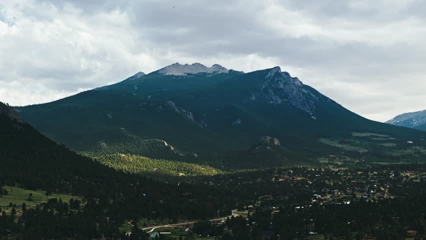 Aerial descending pan across forested hillslopes of Estes Park Colorado