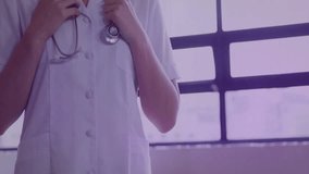 Animation of data processing over caucasian female doctor wearing stethoscope in hospital. Global medicine, healthcare, computing and digital interface concept digitally generated video. - Powered by Shutterstock - Get 15% off with code: PIKWIZARD15