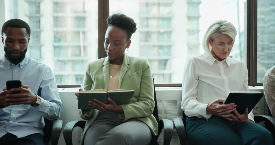 Office, business people and waiting in row for recruitment, interview or corporate meeting. Writing, diversity and group candidates with personal information for preparation, onboarding or survey