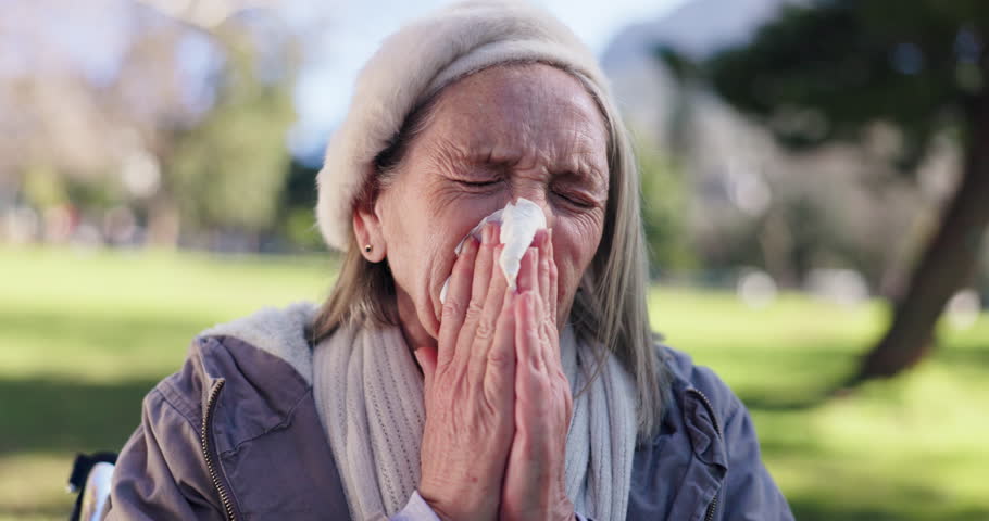 Tissue, senior woman and sneeze with flu, outdoor and retirement with illness, sick and cold. Pensioner, park and old lady with covid symptoms, blowing nose and fever with allergy and health problem