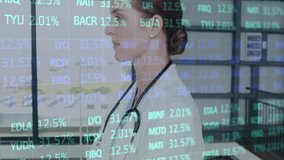 Animation of data processing over caucasian female doctor wearing stethoscope in hospital. Global medicine, healthcare, computing and digital interface concept digitally generated video. - Powered by Shutterstock - Get 15% off with code: PIKWIZARD15