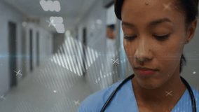 Animation of data processing over african american female doctor using tablet in hospital. Global medicine, healthcare, computing and digital interface concept digitally generated video. - Powered by Shutterstock - Get 15% off with code: PIKWIZARD15
