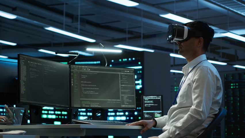 Programmer in data center managing and maintaining databases using futuristic VR headset, ensuring data integrity and security. Expert updating server room systems using virtual reality - Powered by Shutterstock - Get 15% off with code: PIKWIZARD15