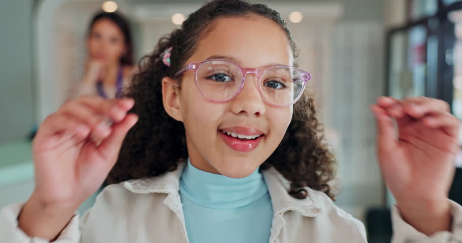 Face, optometry and glasses for child, medical professional and consultation with optometrist. Female person, spectacles and specialist in portrait at ophthalmology center for size, frame and lens