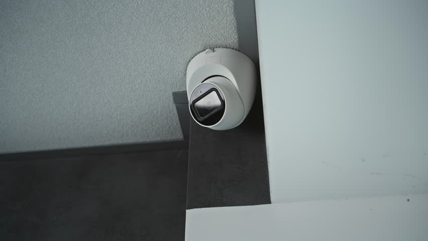 Close up shot of installed surveillance camera hanging on the ceiling in the office building. Innovative monitoring and tracking technologies. CCTV system, security, privacy and database concept. - Powered by Shutterstock - Get 15% off with code: PIKWIZARD15