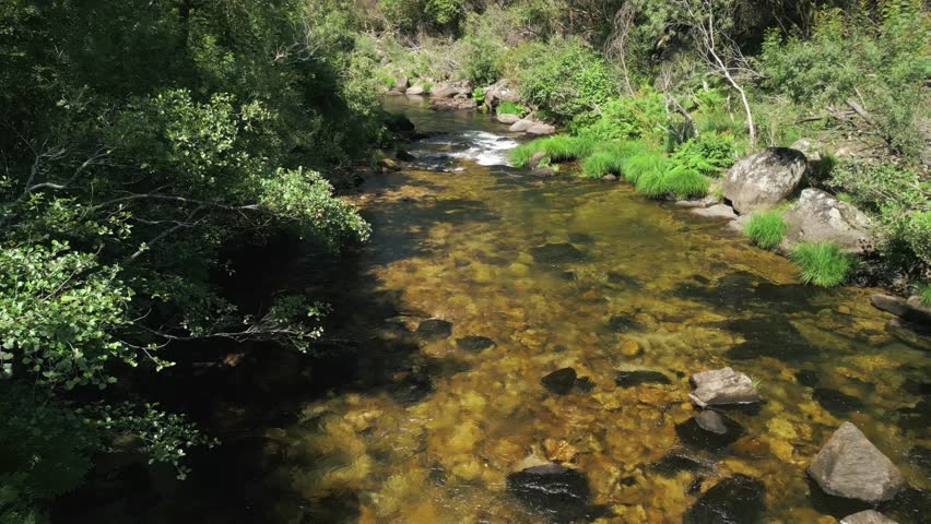 Stream Rushing On A Rocky River Of Río Lérez In Pontevedra, Spain. Aerial Dolly Shot