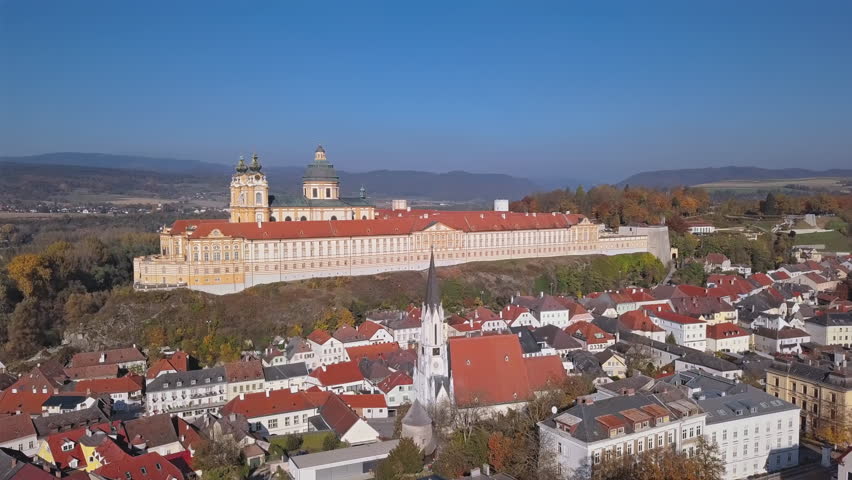 Aerial view of the famous St. Peter and Paul Church in Melk Benedictine Abbey, Wachau Valley, Lower Austria. 2.5x speeded up from 24 fps.