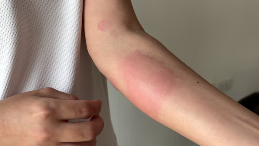 Young asian man itching and scratching on arm from allergic itchy dry skin eczema dermatitis insect bites