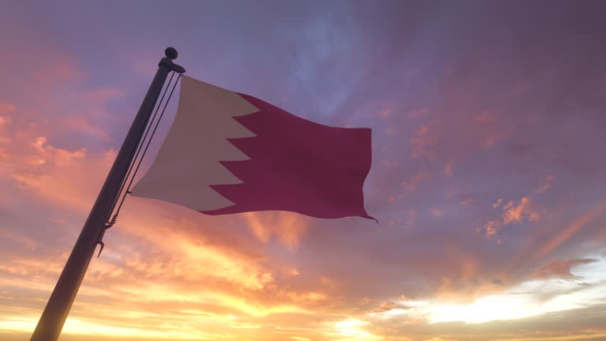 Bahrain Flag on a Pole with Sunset Sky Evening Sunrise Background 3D Render