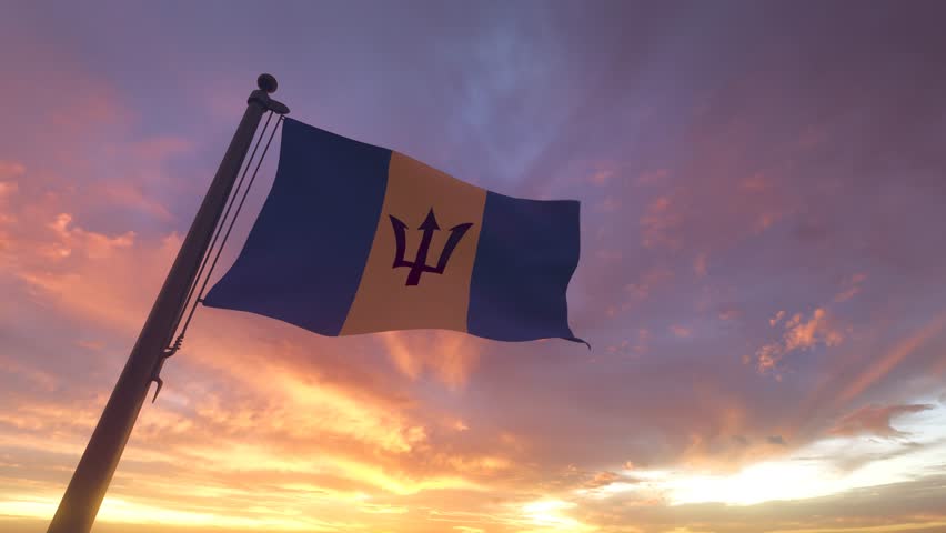 Barbados Flag on a Pole with Sunset Sky Evening Sunrise Background 3D Render