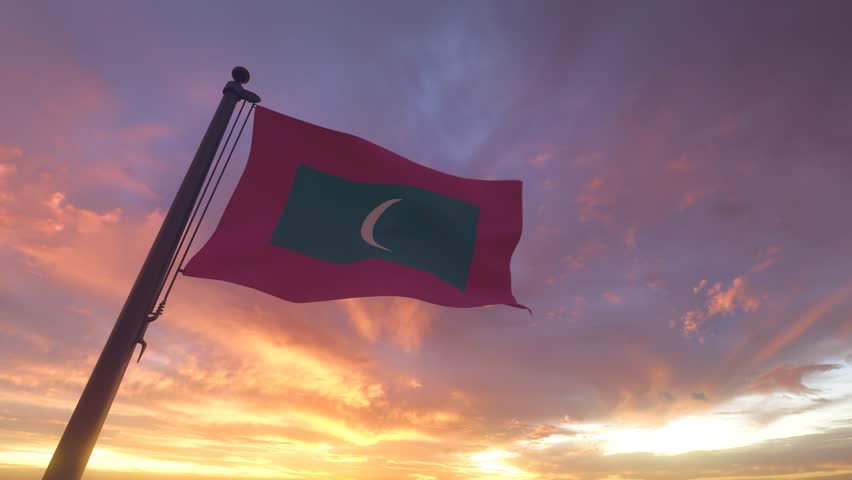 Maldives Flag on a Pole with Sunset Sky Evening Sunrise Background 3D Render