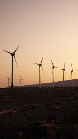 A vertical video capturing wind turbines in motion at sunset during the golden hour. Harmony between renewable energy and nature concepts