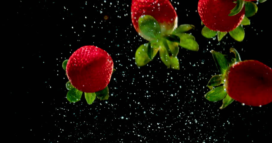 Strawberry, falling and water with natural fruit for vitamin c, fresh produce or wash on a black background. Closeup of organic food or sweet nutrition in drops with splash for healthy diet or fiber