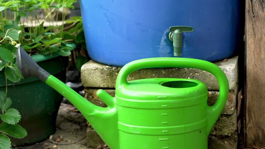 Filling watering can with water from rain barrel, eco friendly rainwater harvesting for garden and household