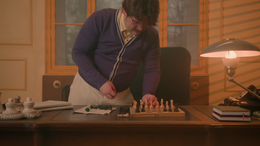 man in vintage clothes with a moustache sets up chess pieces on a board in his office to play a game. A boss prepares a chess board before interviewing an employee.