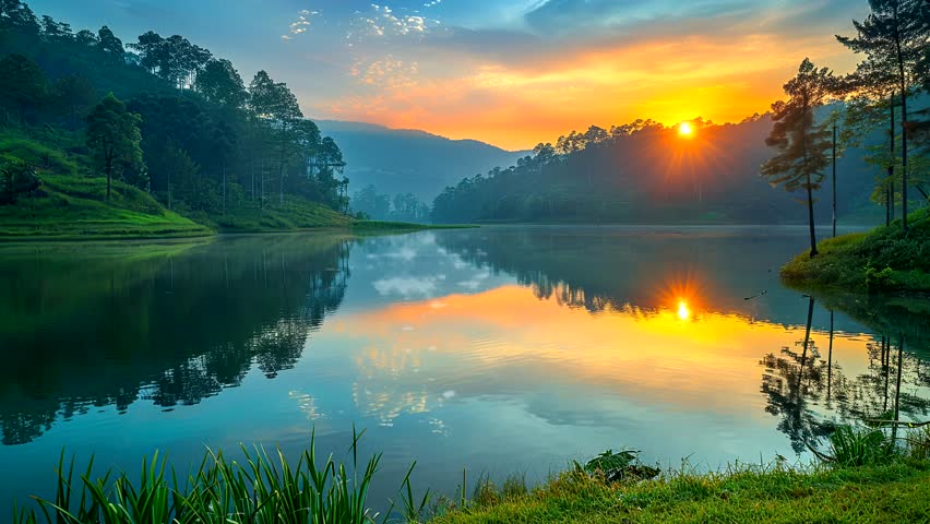 Golden sunrise over a serene lake