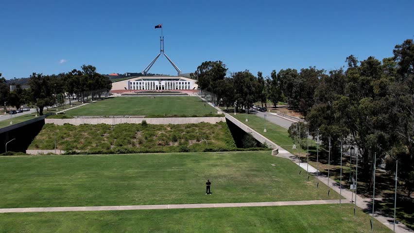 Aerial drone view of Australian Parliament House in Canberra, the capital city of Australia, on a sunny day