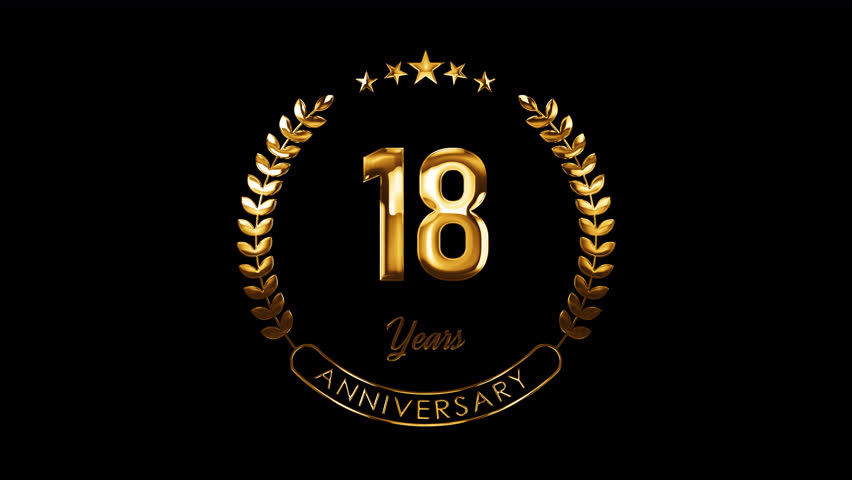 18th Anniversary Celebration. Happy 18 Years Anniversary Animation in Gold Color on the Transparent Background, Alpha Channel. Great for greetings, celebrations, events, and gifts.