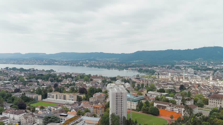 Zurich, Switzerland. Panorama of the city overlooking Lake Zurich. Summer day. Stable, Aerial View
