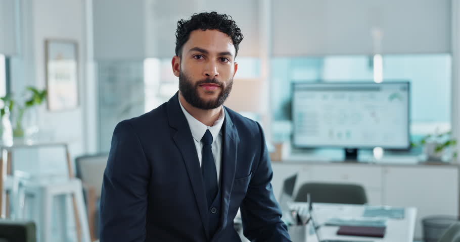 Portrait, smile and business man in office for corporate job, opportunity or experience. Face, confidence and happy professional entrepreneur in suit, expert and financial consultant in Saudi Arabia