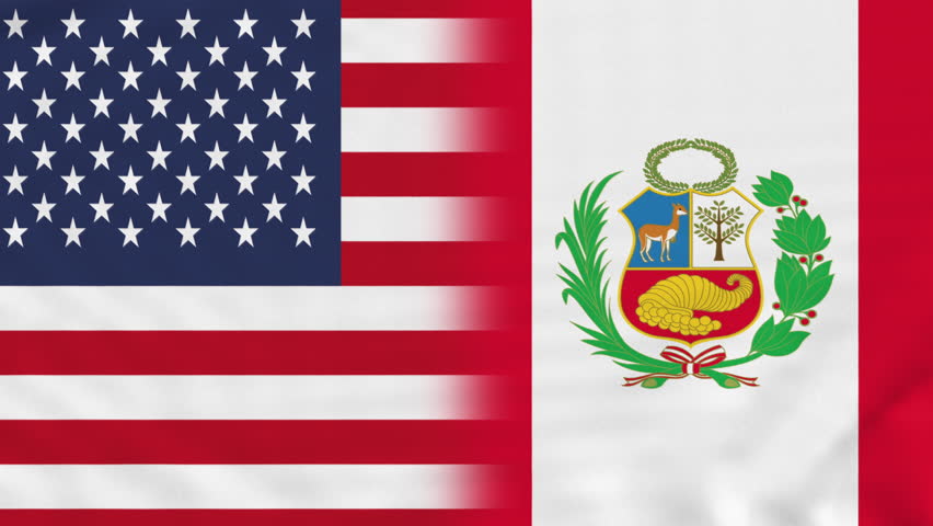 Realistic Animation of Waving Flag Combination of USA (United States of America) and Peru Background