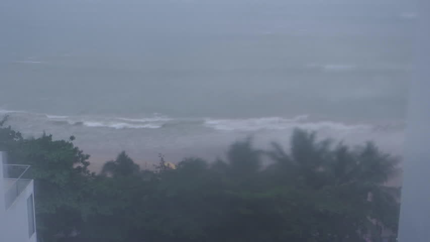In slow motion, a view through the rainy, dirty window captures a stormy beach with waves crashing and palms swaying.