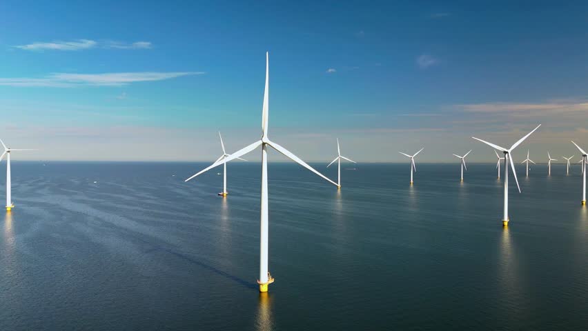 Enjoy the stunning aerial view of the offshore windmills in the Netherlands, vital for renewable energy and a testament to modern engineering and innovation in this booming sector