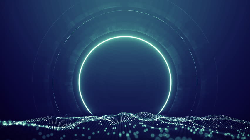 Abstract Digital Background with digital particle wave  on glowing neon circle and HUD background. Symbolizing network data flow and technology concept.