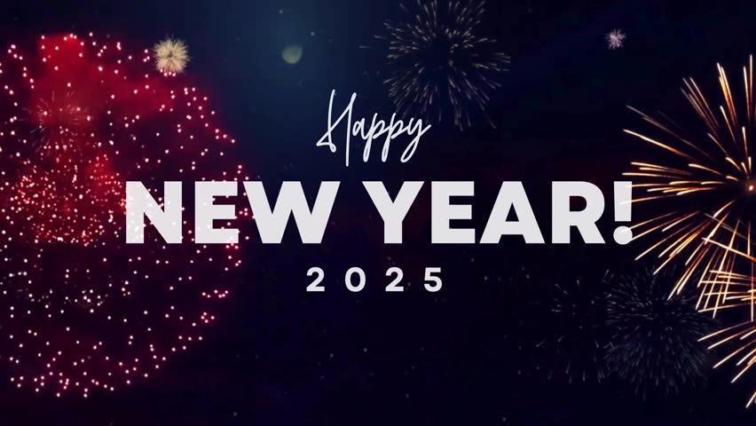 Happy New Year 2025 animation with vibrant fireworks in 4K video, perfect for festive celebrations and New Year's Eve events