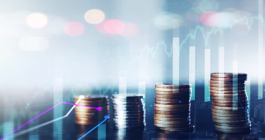 Hologram, coins and finance with inflation, economy and investment with increase, profit growth and prices. Chart, money and arrows with trading, currency and earnings with stock market value or data