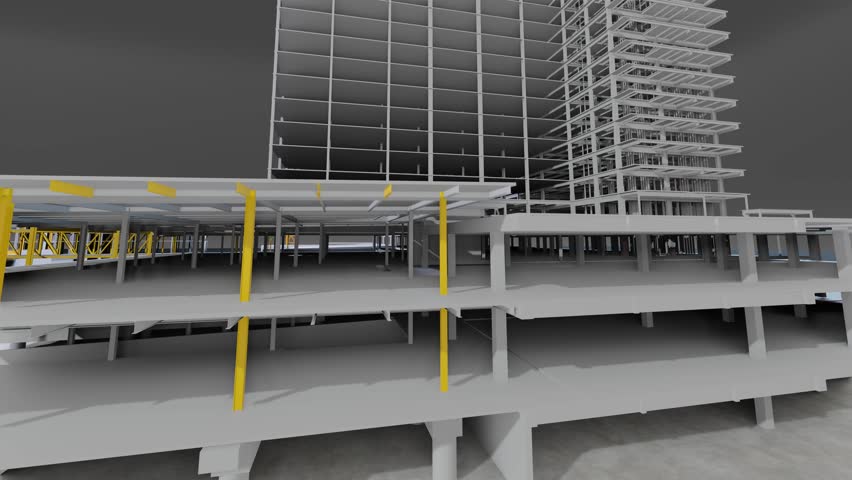 under construction site engineering with frame structure and tower crane 3D looping animation realistic generic