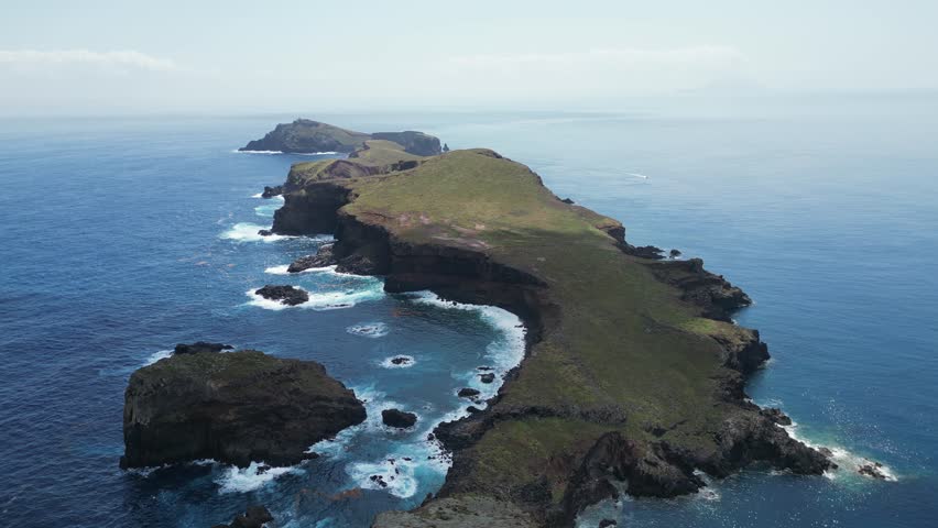 An aerial shot of the Eastern tip of Island of Madiera, an island in the middle of Atlantic, Portugal