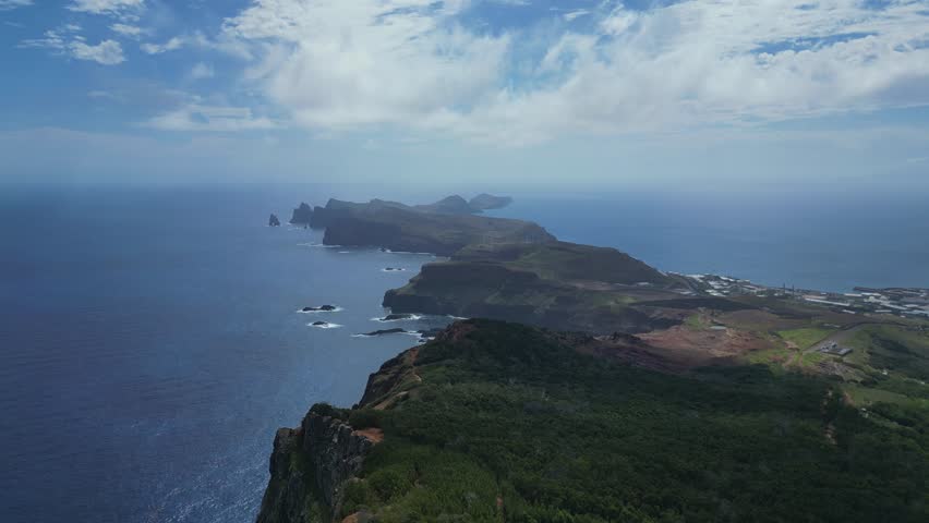 An aerial shot of the Eastern tip of Island of Madiera, an island in the middle of Atlantic, Portugal