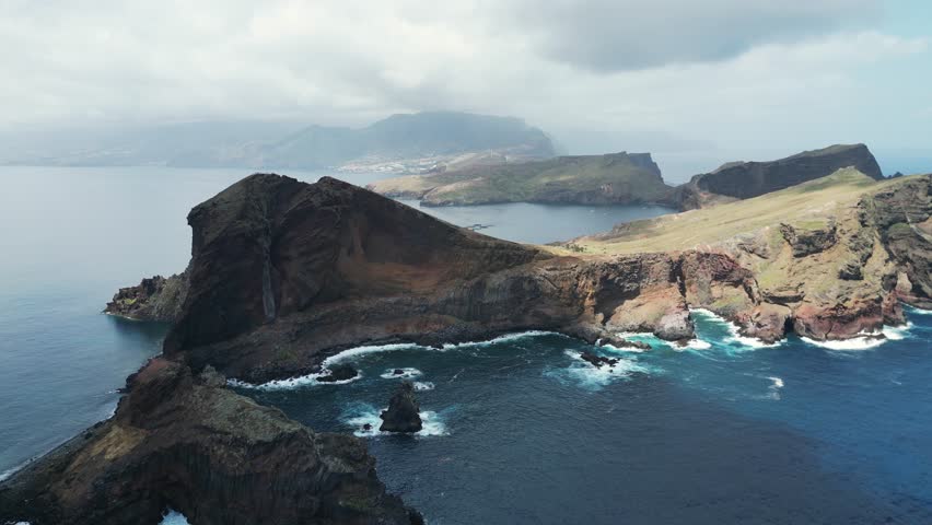 An aerial shot of the Eastern tip of Island of Madiera, an island in the middle of Atlantic, Portugal