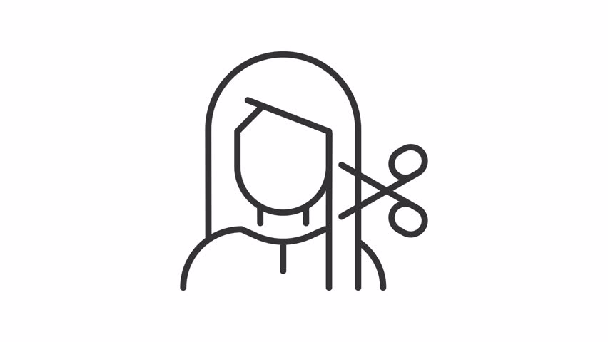 Animated haircut icon. Hairdressing line animation. Hair cutting, moving scissors. Salon equipment. Black illustration on white background. HD video with alpha channel. Motion graphic