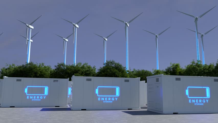 Energy storage systems with wind turbines, Green alternative energy, Net zero emissions concept.